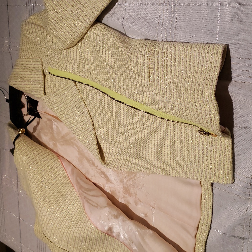 Ted Baker NEW Noira Yellow Lemon & Metallic Gold Tweed Zip Cropped Blazer Jacket - Picture 10 of 17